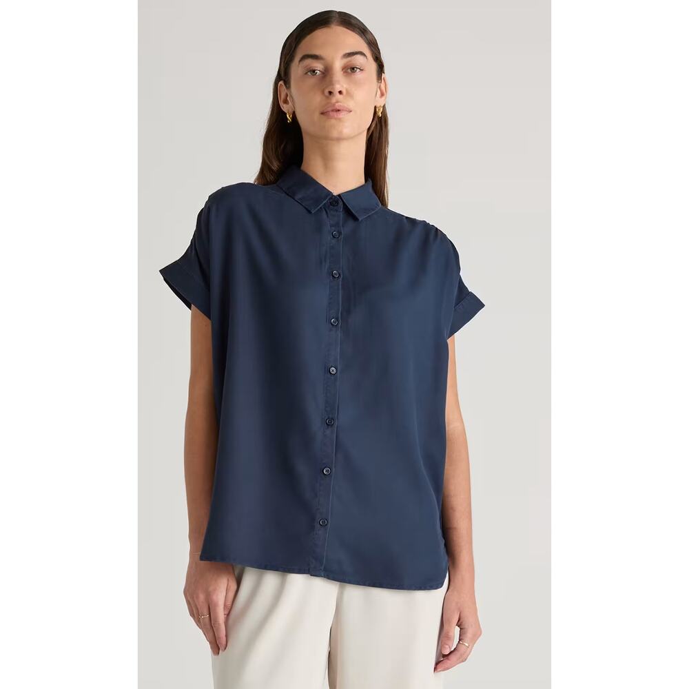 Quince Vintage Wash Tencel Camp Shirt S Navy Blue NWT Button Top Capsule Travel - Picture 2 of 5